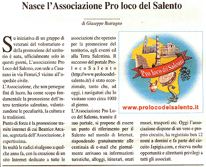 Articolo apparso sulla Testata Grecia salentina Articolo apparso sulla Testata Grecia salentina